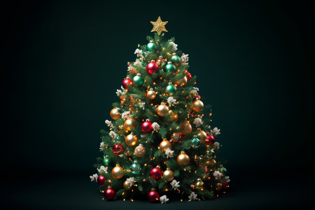 Picture of a christmas tree with ornaments and lights on a dark green background, christmas festival celebration images