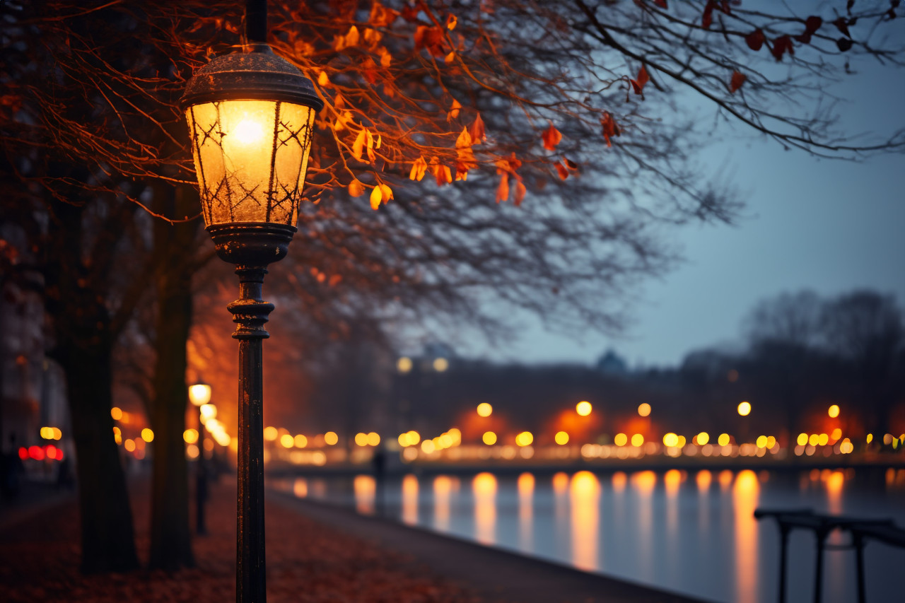 Photo of a glowing street light in front of alster lake in hamburg, germany at dusk with a christmas tree in the background, christmas festival celebration images