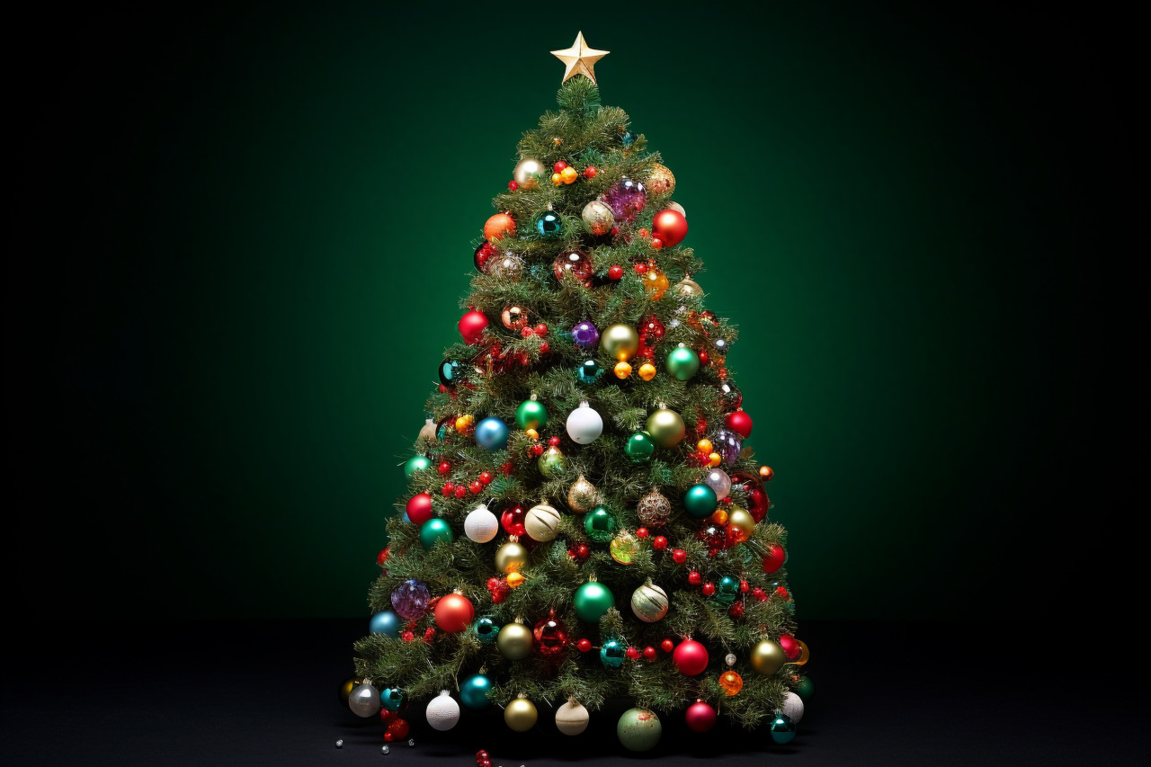 Picture of a christmas tree with ornaments and lights on a dark green background, christmas festival celebration images