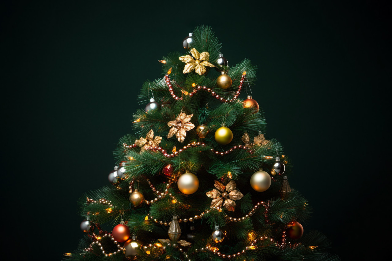 Picture of a christmas tree with ornaments and lights on a dark green background, christmas festival celebration images