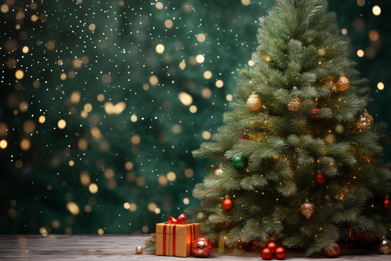 A picture of a christmas scene with a christmas tree and decorations, christmas festival celebration images