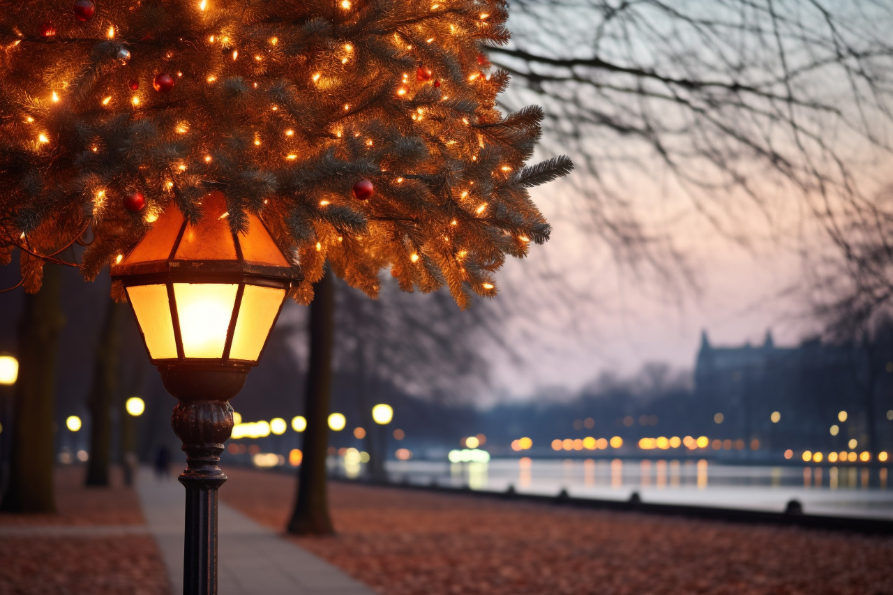 Photo of a glowing street light in front of alster lake in hamburg, germany at dusk with a christmas tree in the background, christmas festival celebration images
