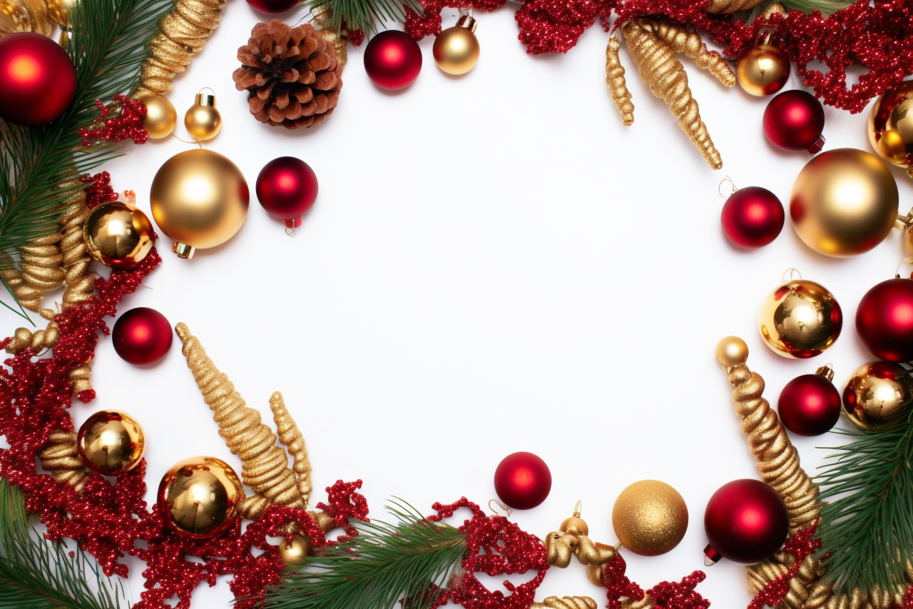 A photo of a christmas frame made of spruce branches, red and gold decorations, on a white background, christmas festival celebration images