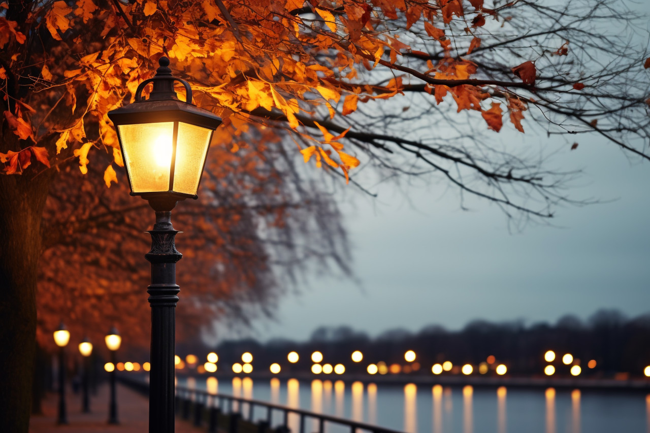 Photo of a glowing street light in front of alster lake in hamburg, germany at dusk with a christmas tree in the background, christmas festival celebration images