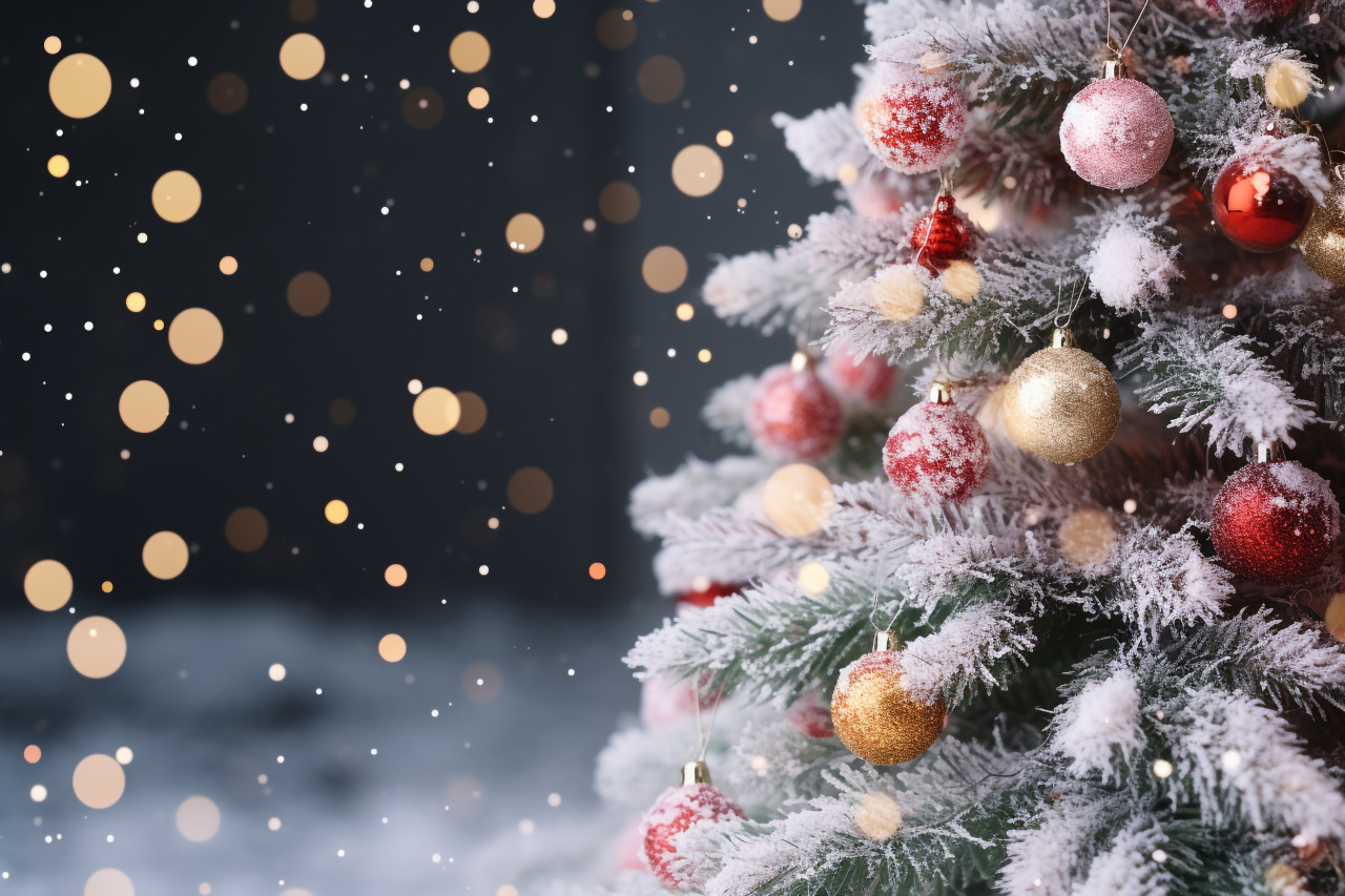A picture of a christmas tree with a blurry background of snow, christmas festival celebration images