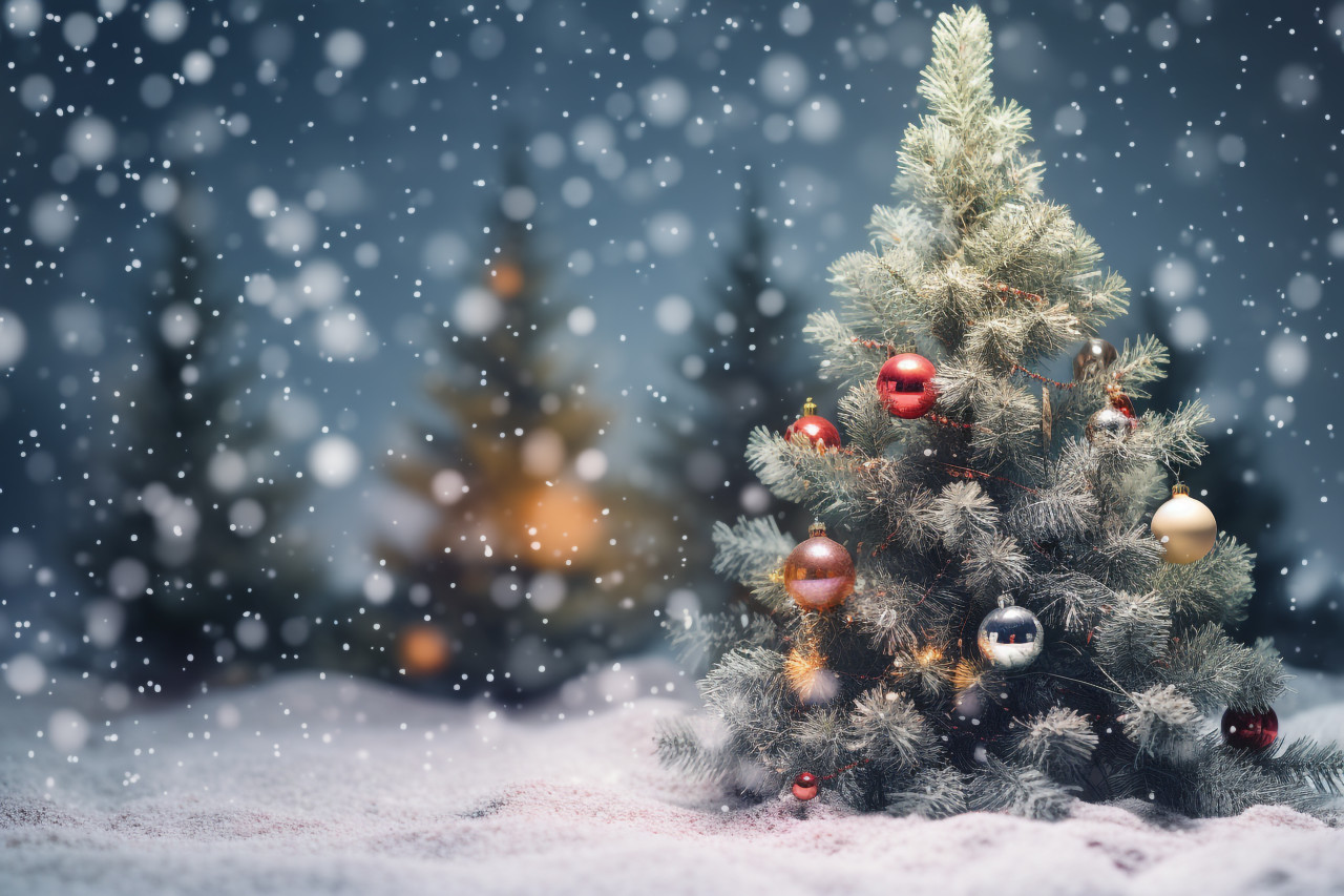A picture of a christmas tree with a blurry background of snow, christmas festival celebration images