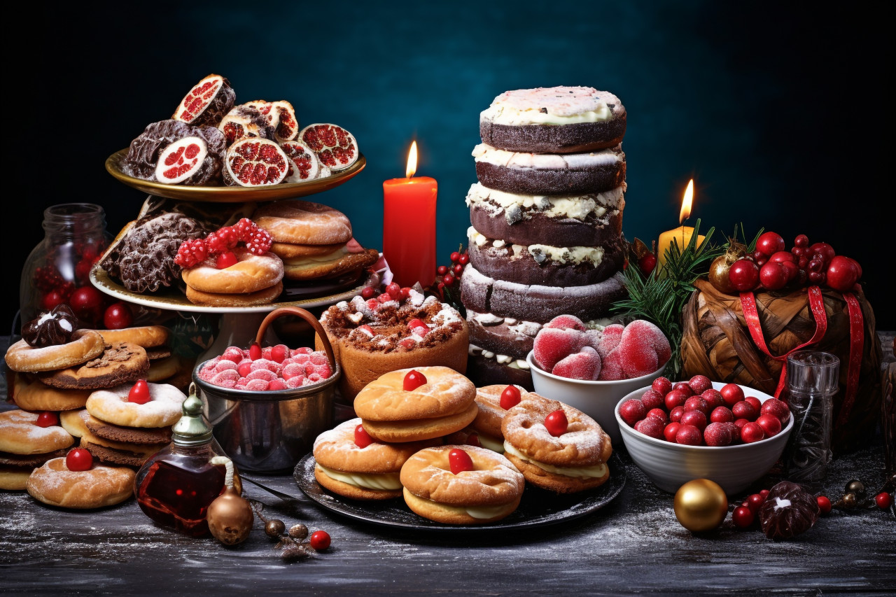 A picture of different christmas foods on a table, christmas festival celebration images