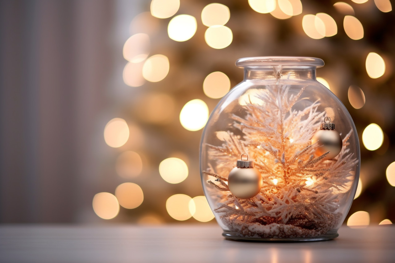 A close up photo of an elegant christmas tree in a glass jar, christmas festival celebration images