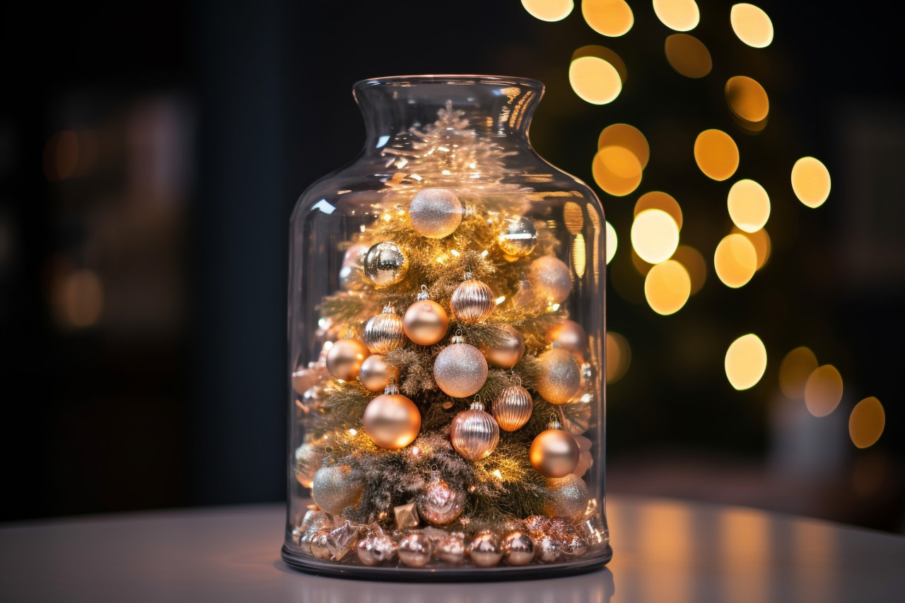 A close up photo of an elegant christmas tree in a glass jar, christmas festival celebration images