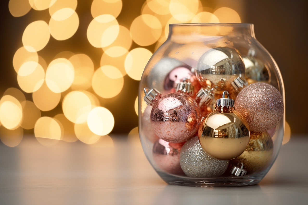 A close up photo of an elegant christmas tree in a glass jar, christmas festival celebration images