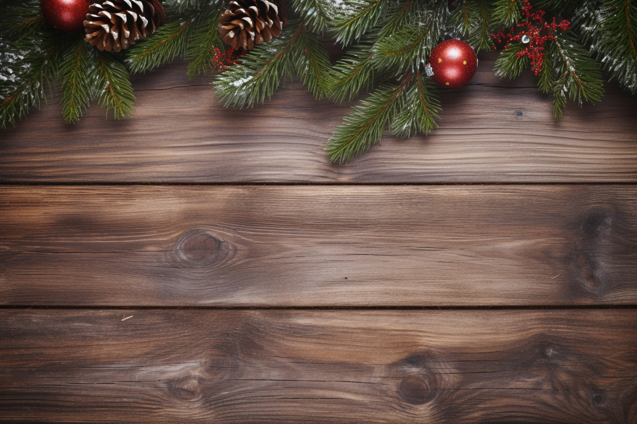 A picture of a christmas scene with a wooden background and a snow covered fir tree, christmas festival celebration images