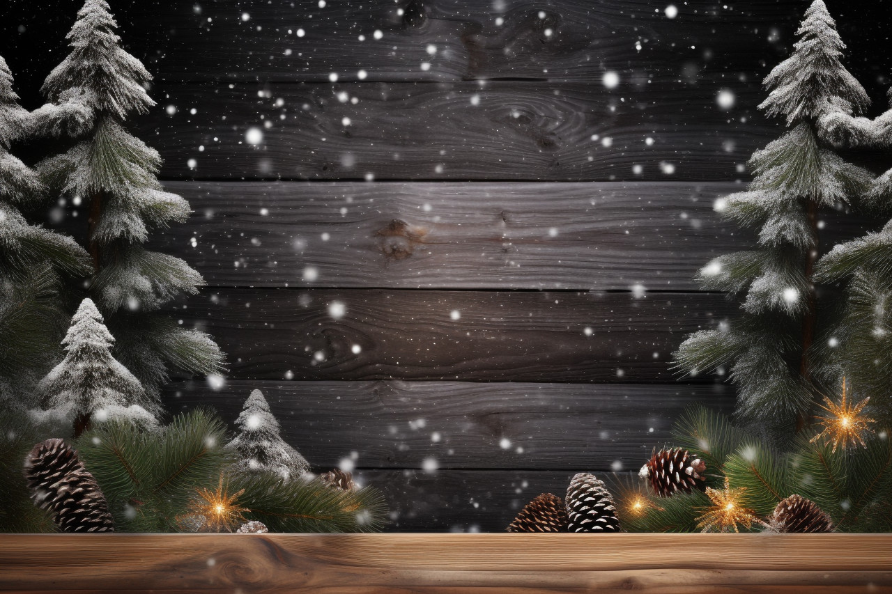 A picture of a christmas scene with a wooden background and a snow covered fir tree, christmas festival celebration images