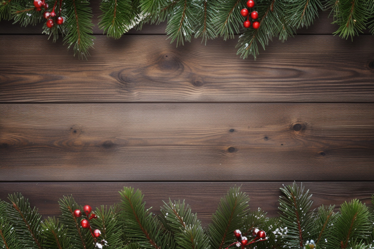 A picture of a christmas scene with a wooden background and a snow covered fir tree, christmas festival celebration images