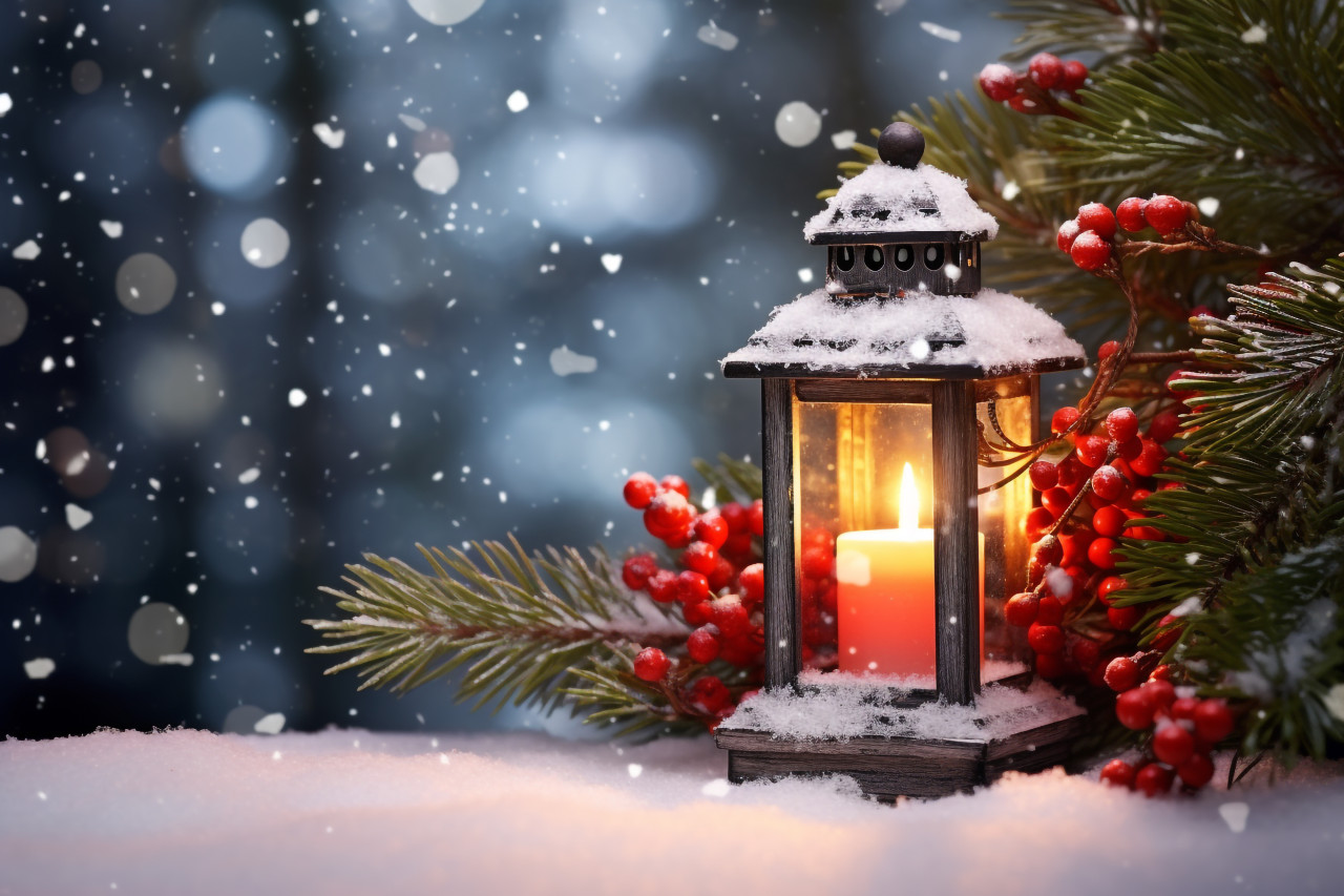 A picture of a christmas light on snow with a pine branch in the sun, christmas festival celebration images