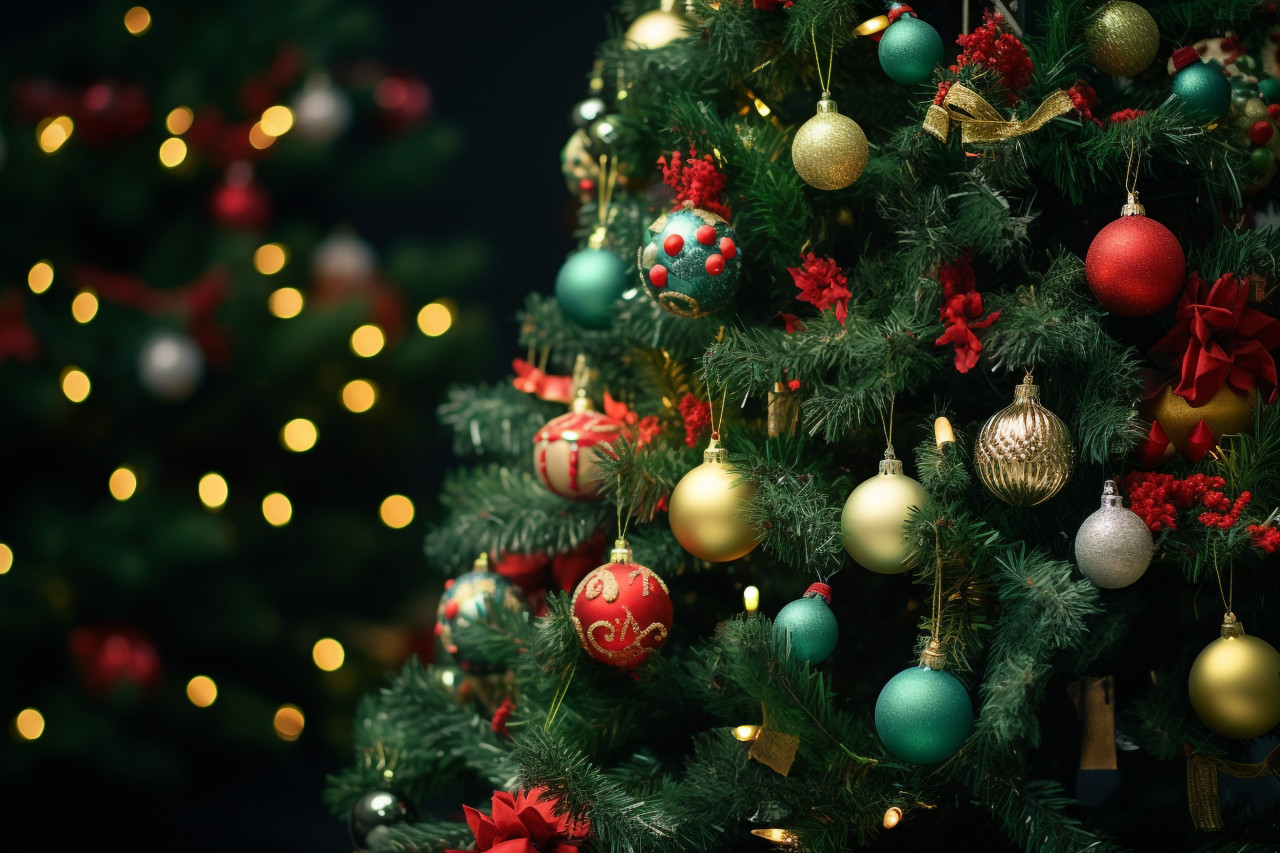A photo of a christmas tree with decorations, christmas festival celebration images