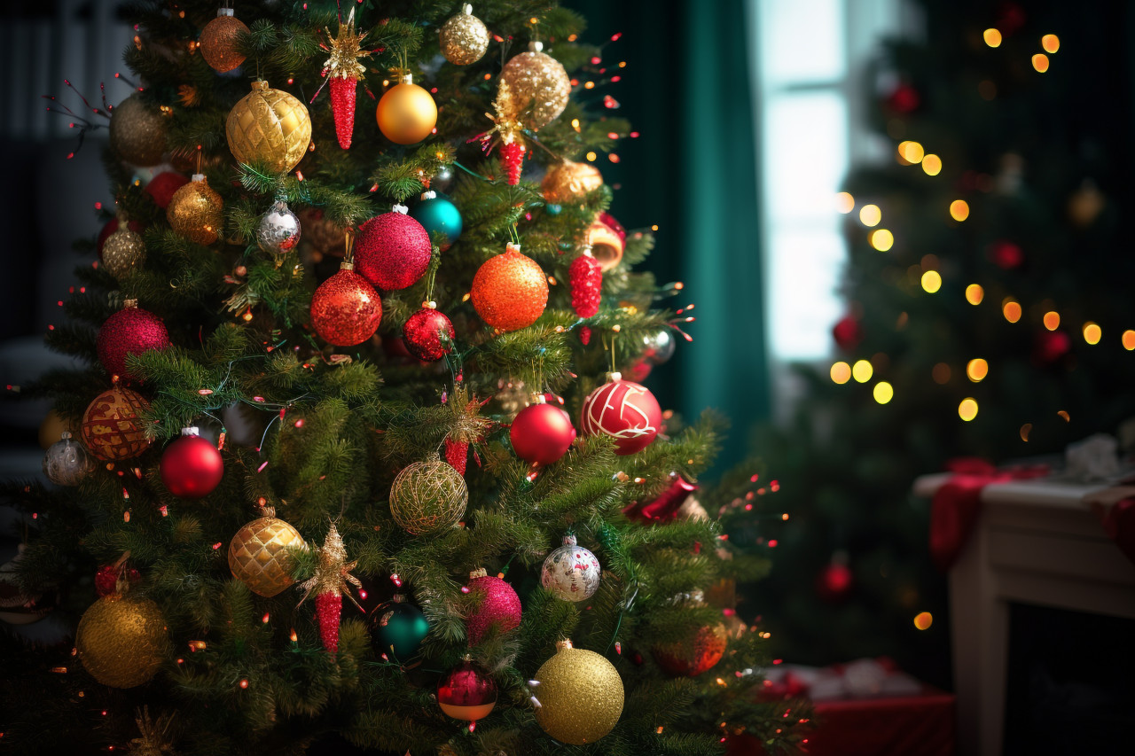 A photo of a christmas tree with decorations, christmas festival celebration images
