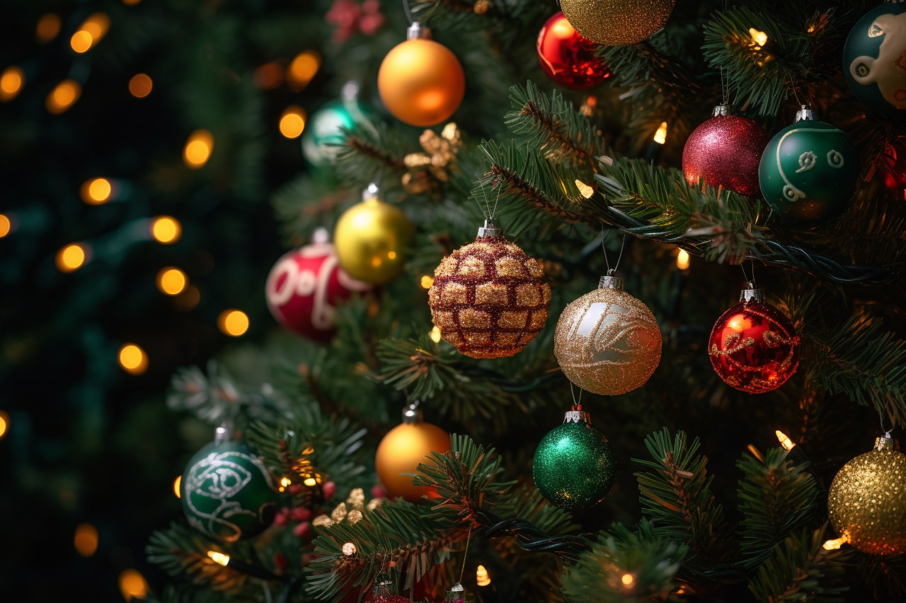 A photo of a christmas tree with decorations, christmas festival celebration images