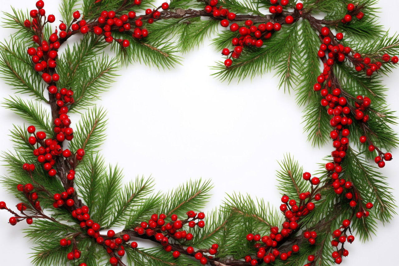 A picture of a christmas frame made with pine needles and red berries, christmas festival celebration images