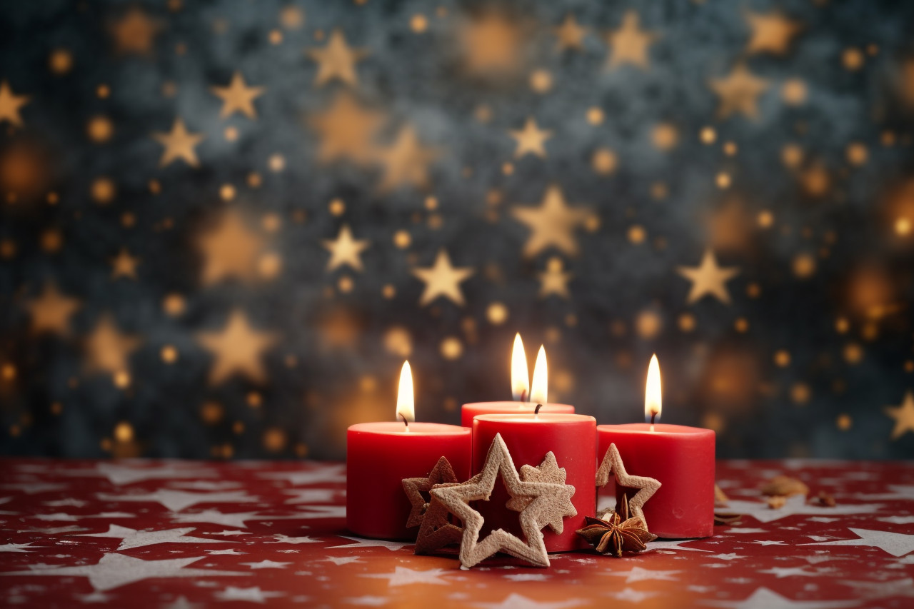 A picture of a christmas scene with shiny stars and lit candles, christmas festival celebration images