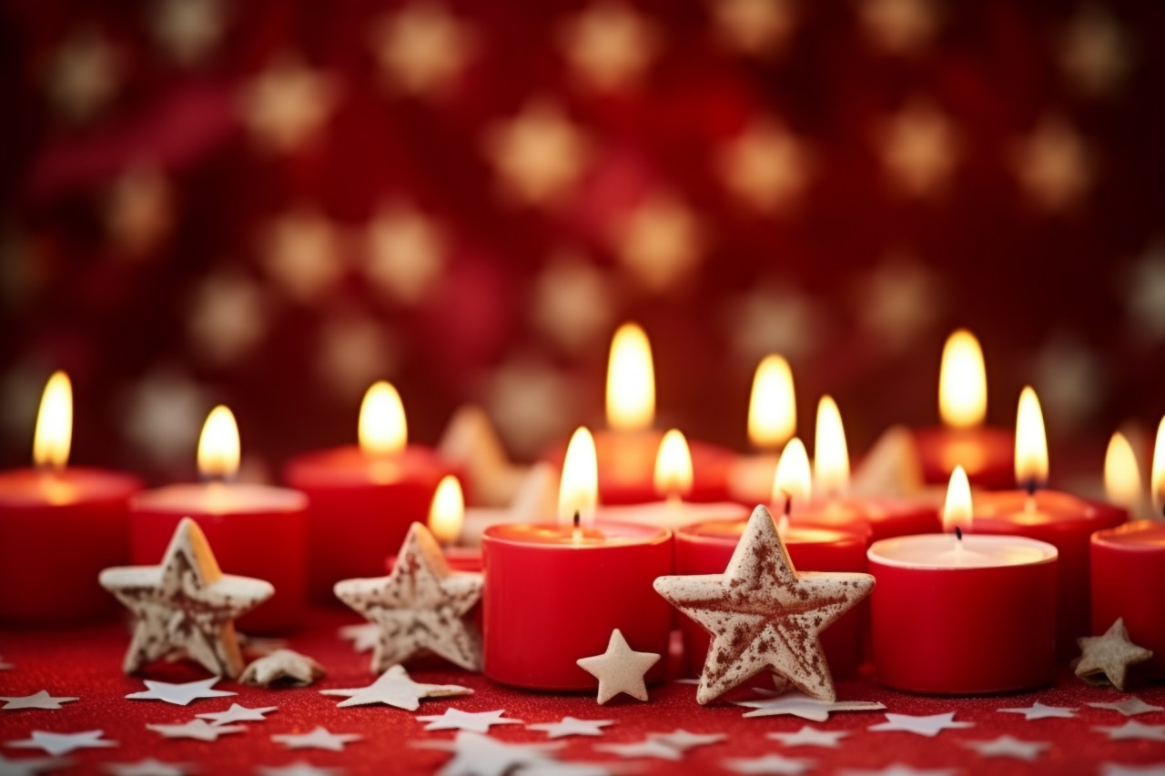 A picture of a christmas scene with shiny stars and lit candles, christmas festival celebration images