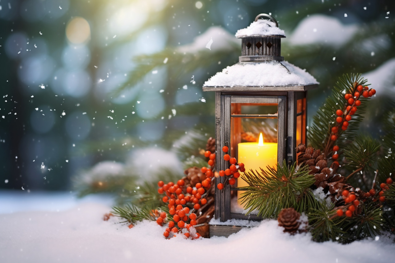 A picture of a christmas light on snow with a pine branch in the sun, christmas festival celebration images