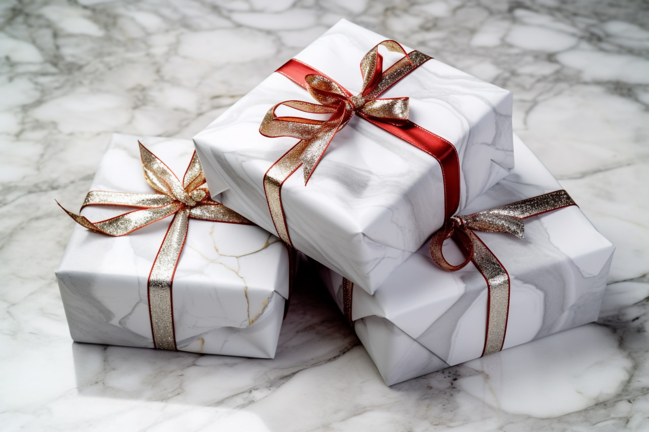 A picture of silver christmas gift boxes made by hand, on a white marble background, from above, christmas festival celebration images