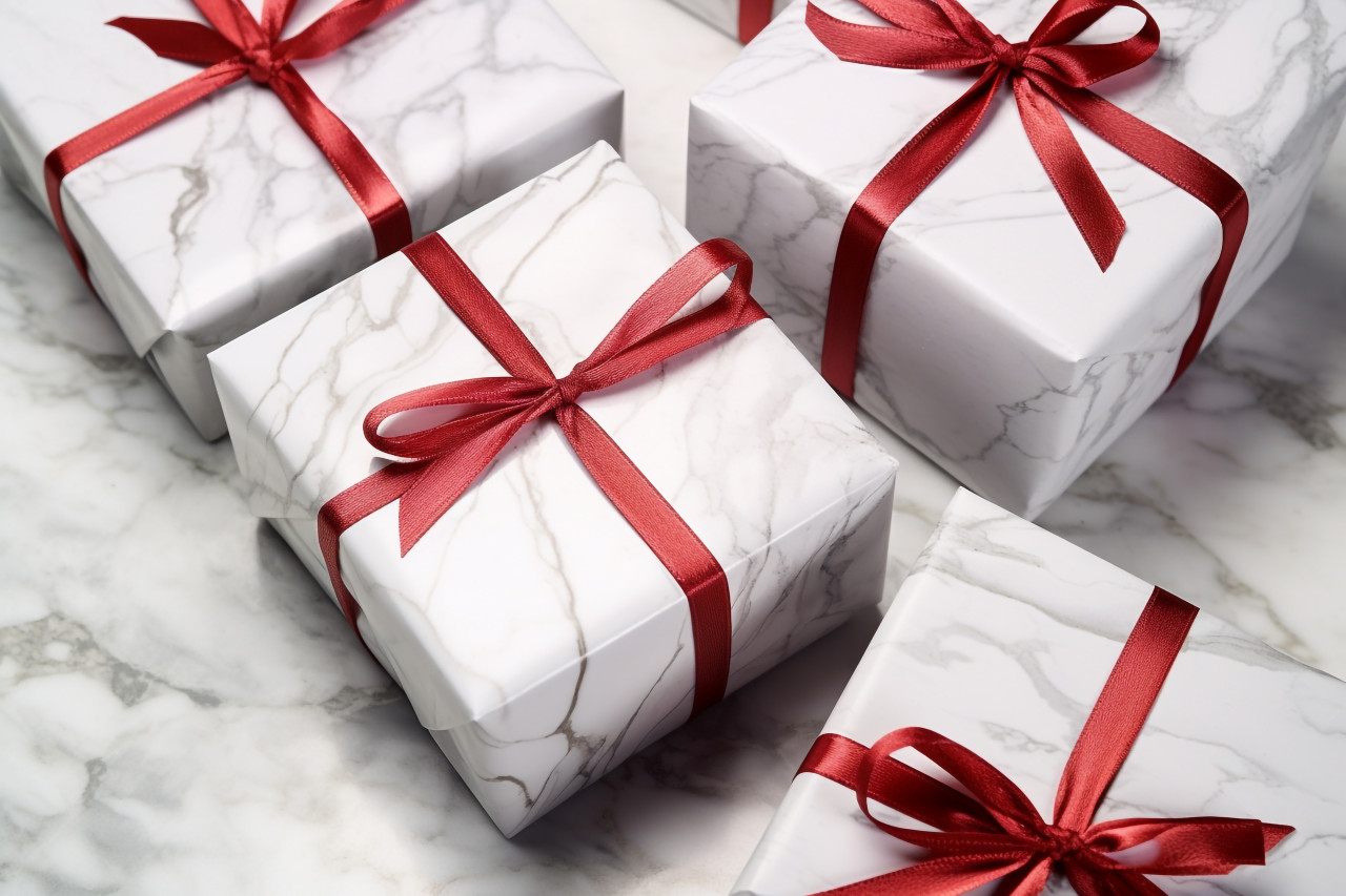 A picture of silver christmas gift boxes made by hand, on a white marble background, from above, christmas festival celebration images