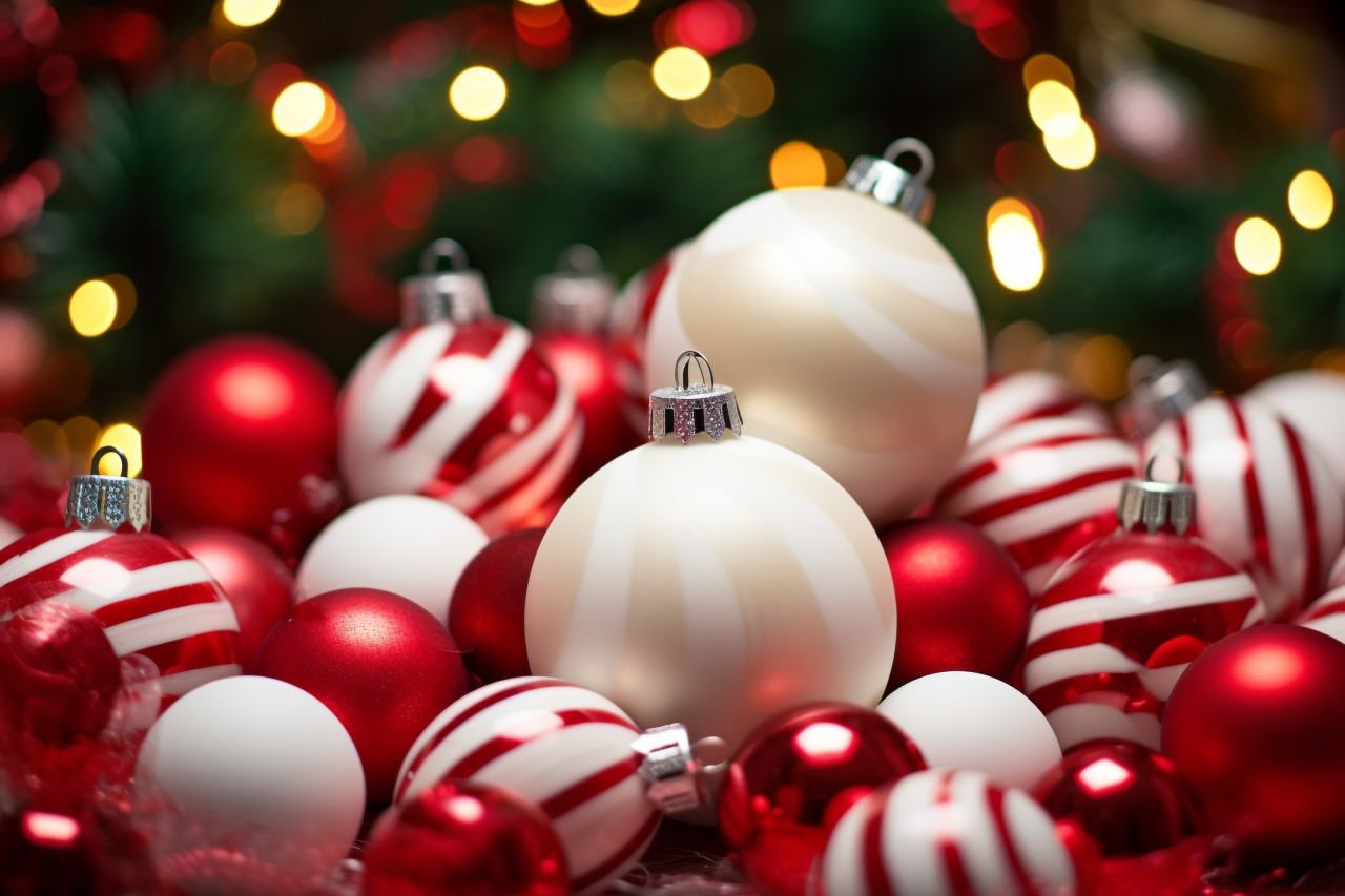 Picture of an old fashioned christmas scene with red and white ball ornaments, christmas festival celebration images