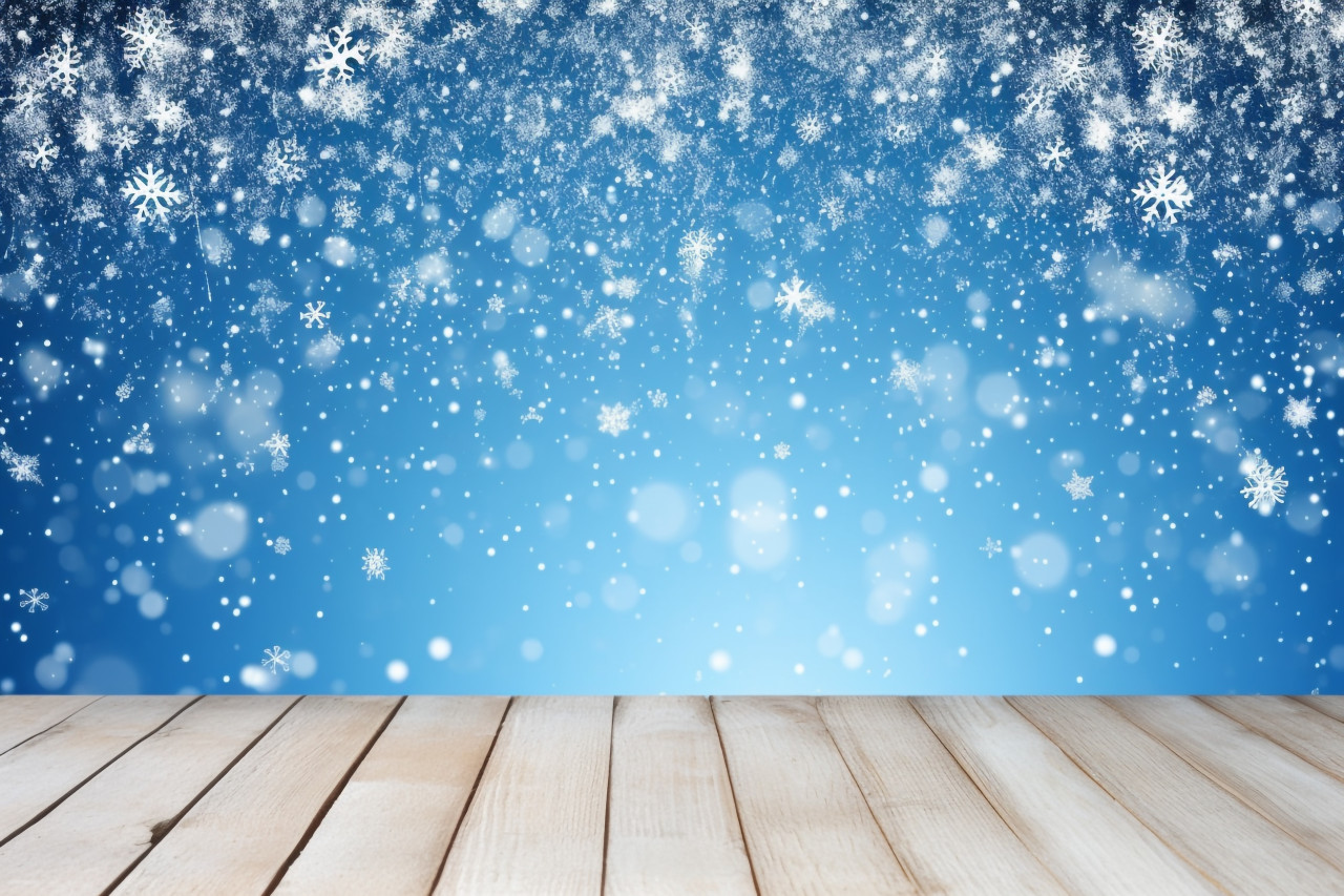 A picture of a snowy background with a light colored floor, a cold and empty blue wooden space, christmas festival celebration images