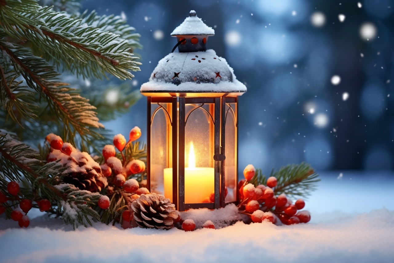 A picture of a christmas light on snow with a pine branch in the sun, christmas festival celebration images