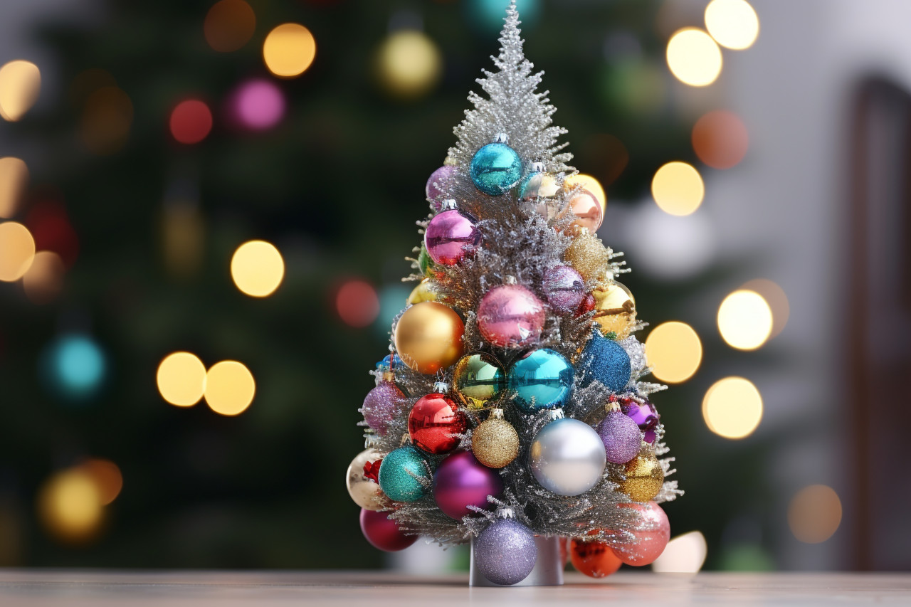 A picture of a christmas tree with decorations, in front of a blurry background, christmas festival celebration images