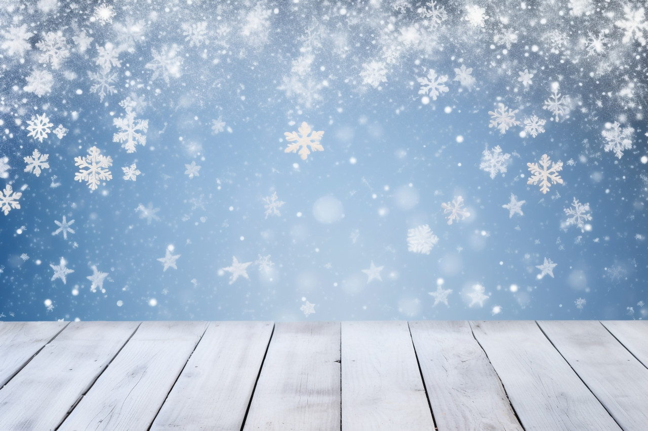 A picture of a snowy background with a light colored floor, a cold and empty blue wooden space, christmas festival celebration images