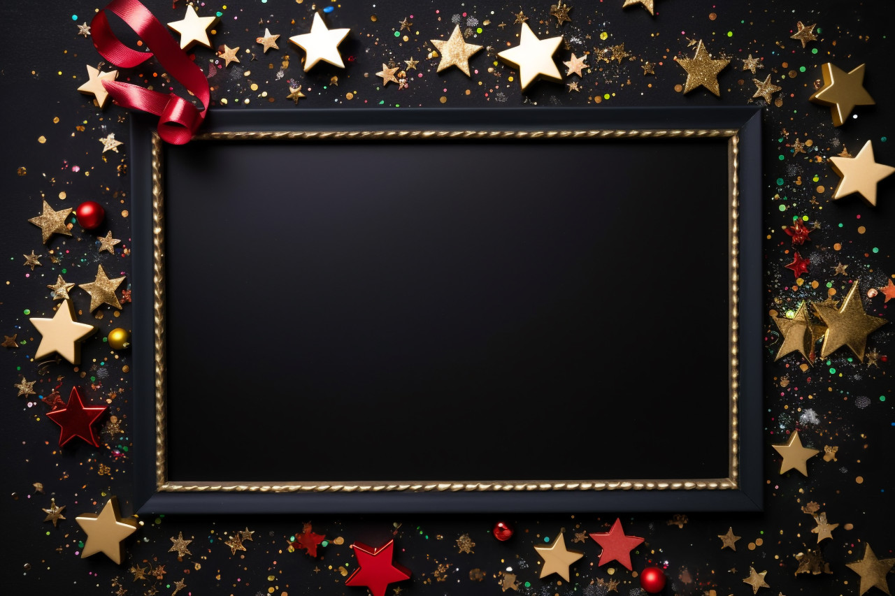 A photo of a black chalkboard with christmas or new year decorations around it, christmas festival celebration images