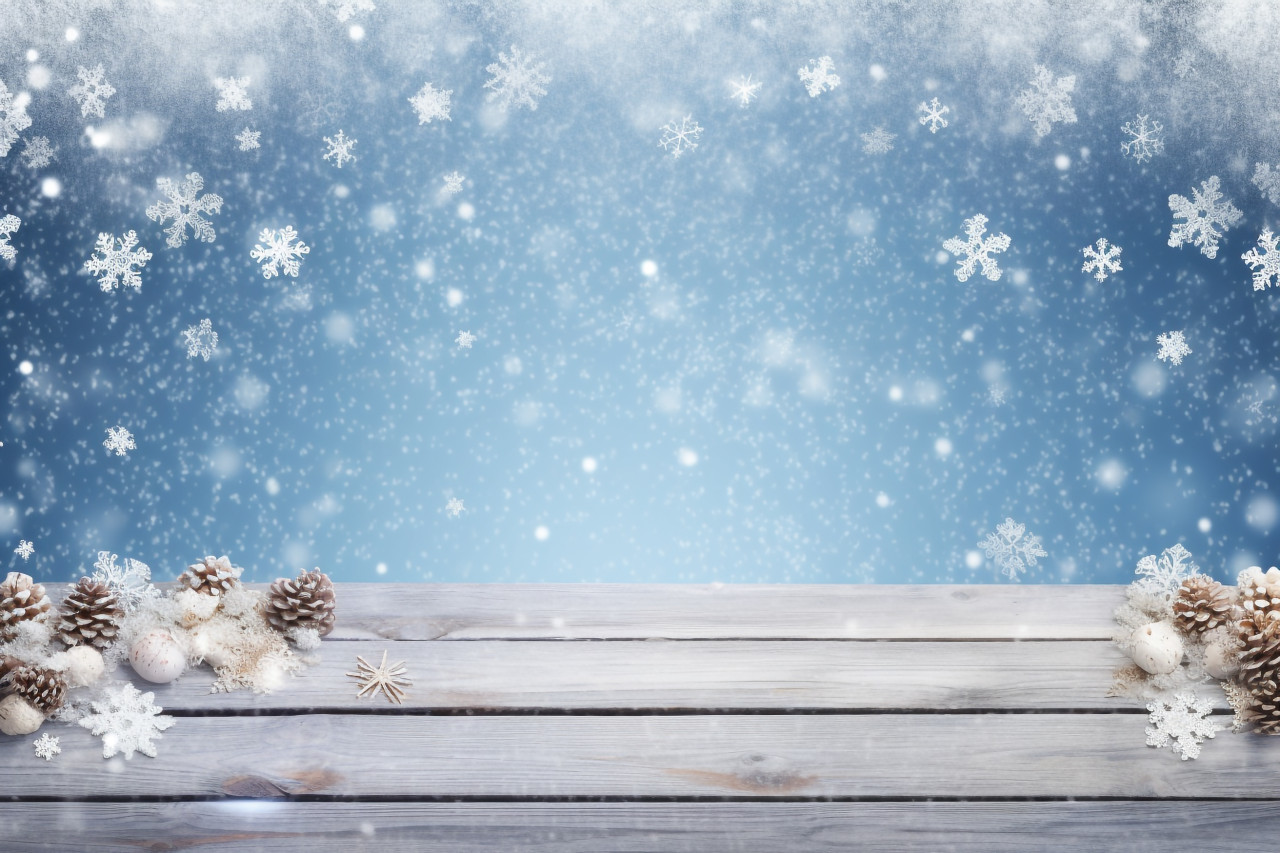 A picture of a snowy background with a light colored floor, a cold and empty blue wooden space, christmas festival celebration images