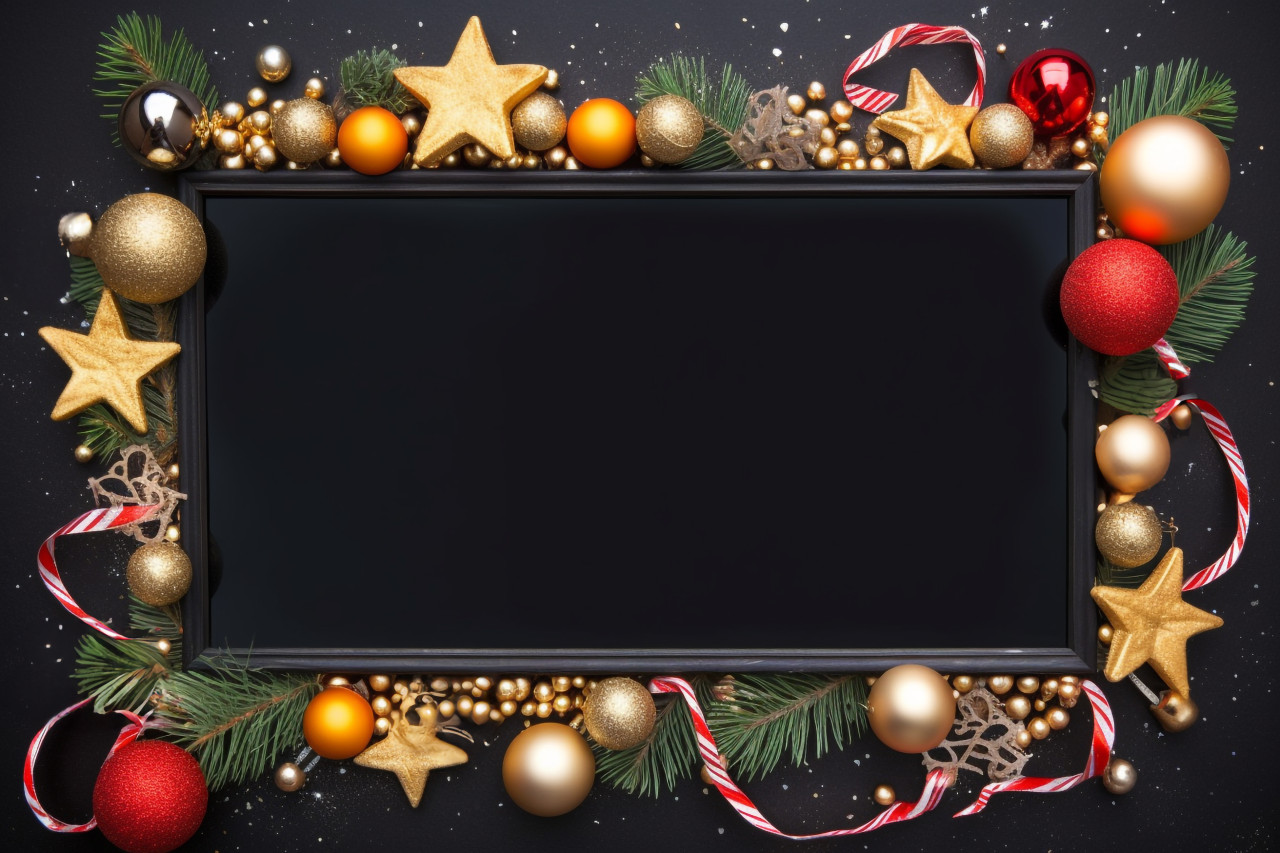 A photo of a black chalkboard with christmas or new year decorations around it, christmas festival celebration images