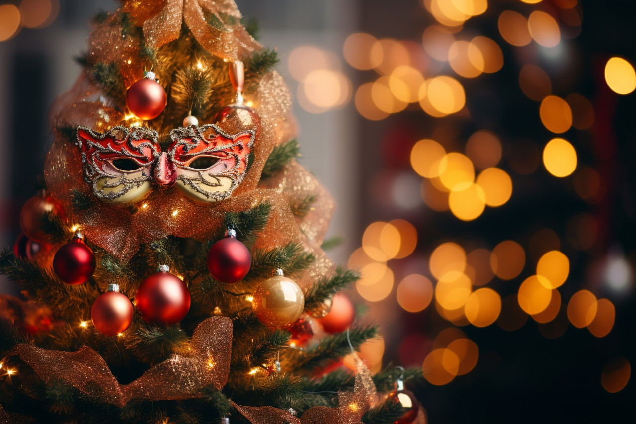 A picture of a christmas tree with decorations, in front of a blurry background, christmas festival celebration images