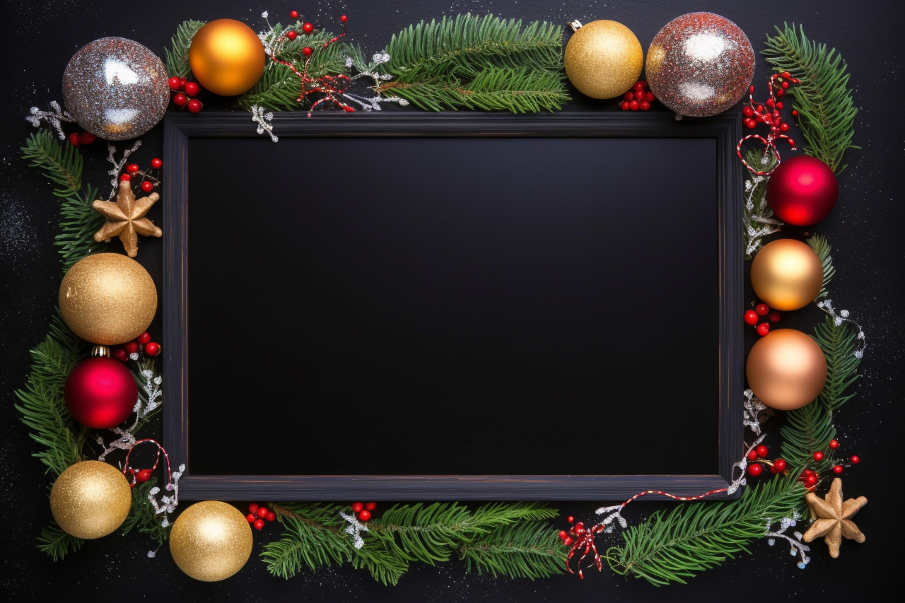A photo of a black chalkboard with christmas or new year decorations around it, christmas festival celebration images
