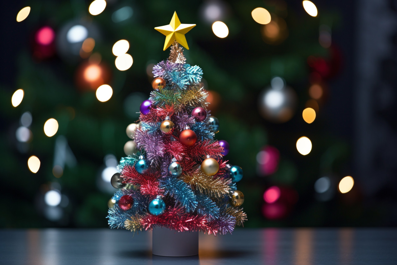 A picture of a christmas tree with decorations, in front of a blurry background, christmas festival celebration images