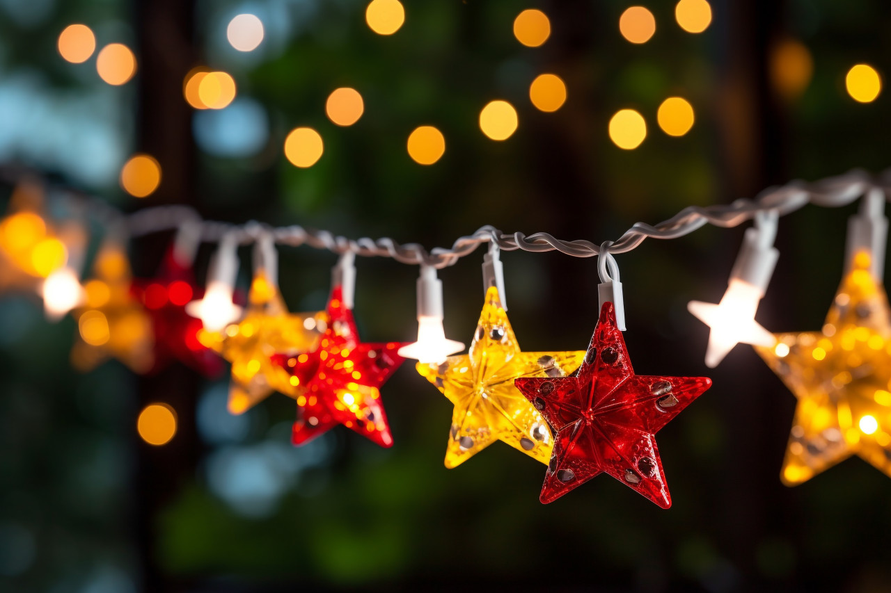 A photo of christmas star lights hanging on fir branches with a blurry background, christmas festival celebration images