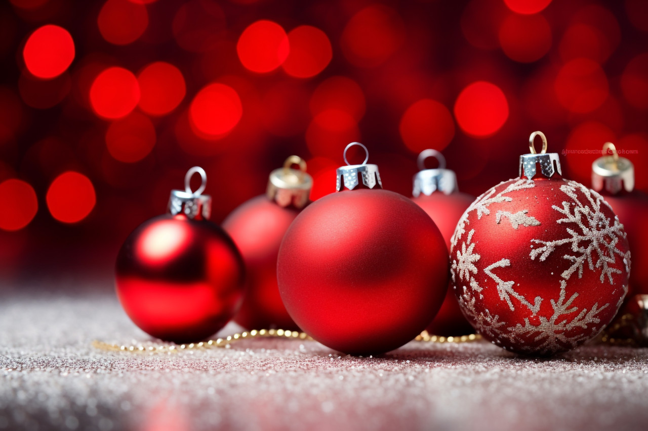 A photo of red christmas ornaments and snowflakes in a snowy background, christmas festival celebration images