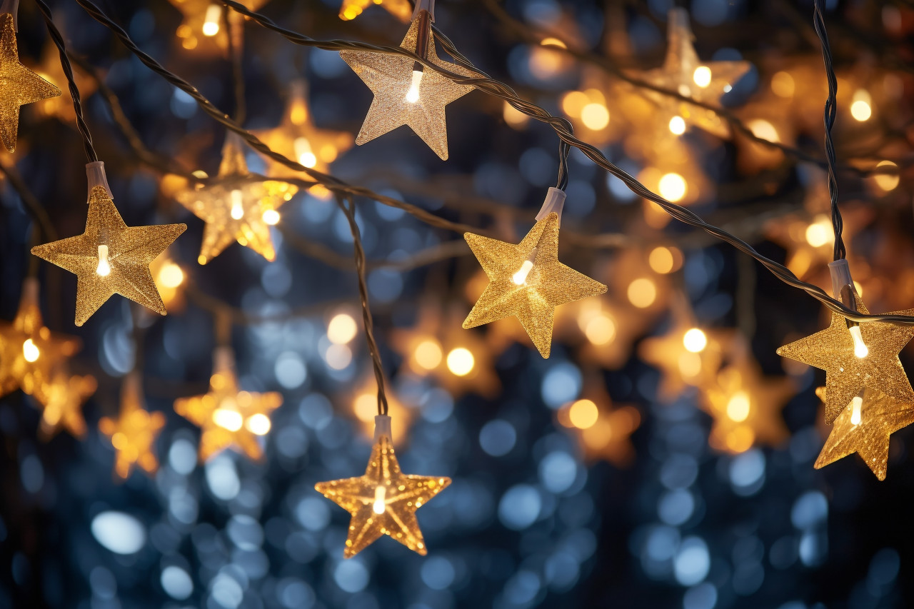 A photo of christmas star lights hanging on fir branches with a blurry background, christmas festival celebration images