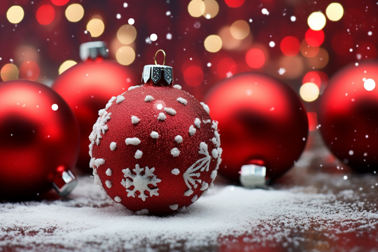 A photo of red christmas ornaments and snowflakes in a snowy background, christmas festival celebration images