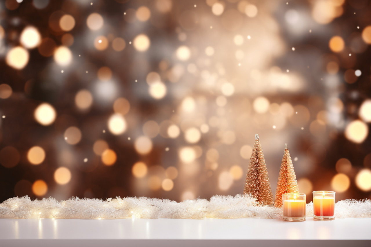 A photo of an empty white table with simple cozy living room furniture and a blurred background, christmas festival celebration images