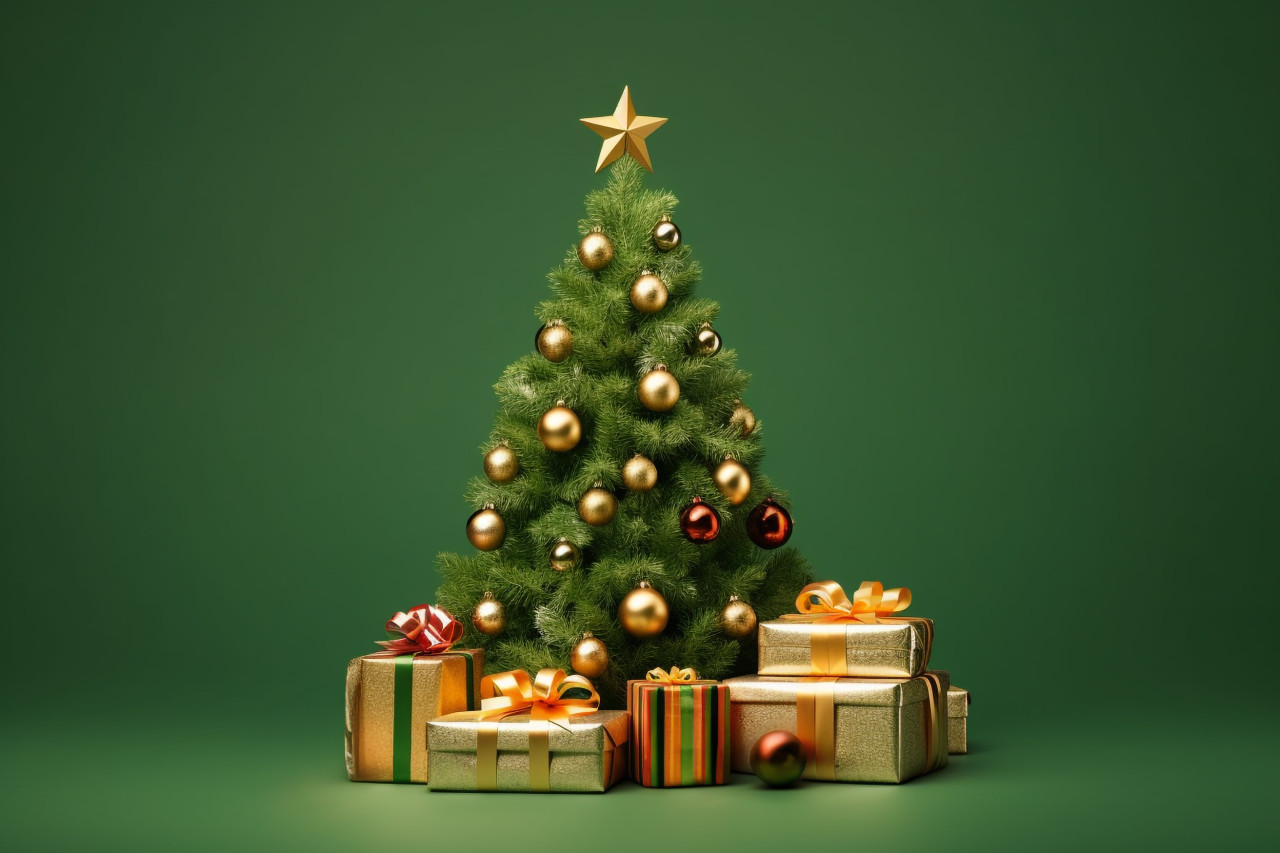 A picture of a new year's banner with a christmas tree made of gold ribbon and a gift box on an olive green background, christmas festival celebration images