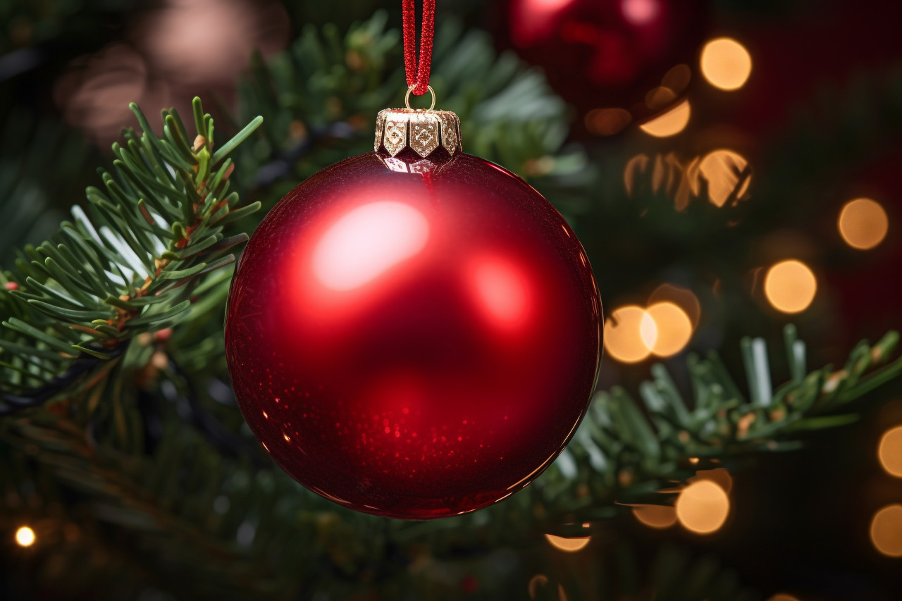 A close up photo of a red christmas ornament hanging on a decorated christmas tree, christmas festival celebration images
