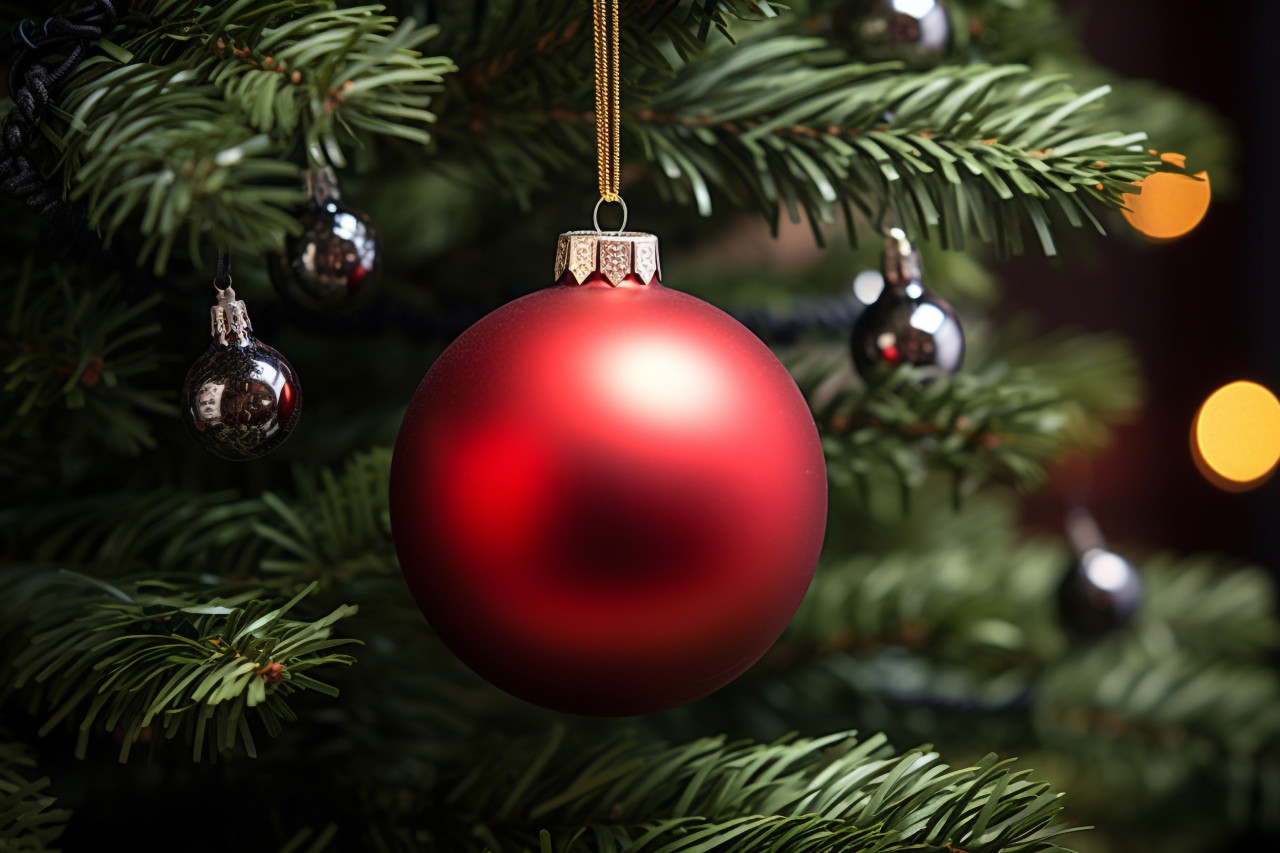 A close up photo of a red christmas ornament hanging on a decorated christmas tree, christmas festival celebration images