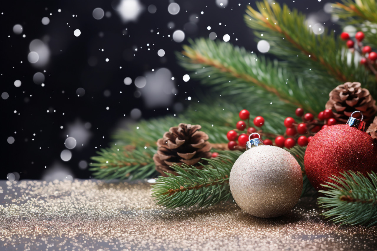 A picture of a christmas card with fir trees and decorations on a sparkling background, christmas festival celebration images