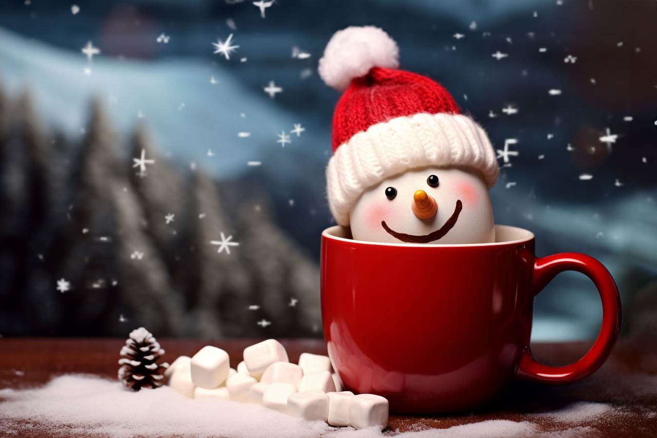 Picture of a red cup with hot chocolate and a melted marshmallow snowman, christmas festival celebration images