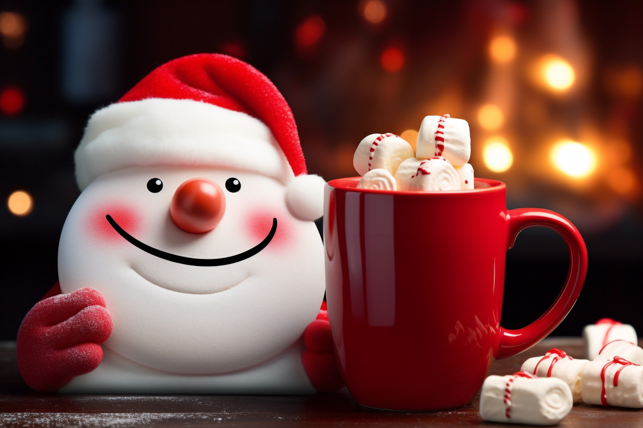 Picture of a red cup with hot chocolate and a melted marshmallow snowman, christmas festival celebration images