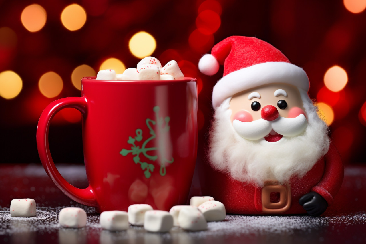 Picture of a red cup with hot chocolate and a melted marshmallow snowman, christmas festival celebration images